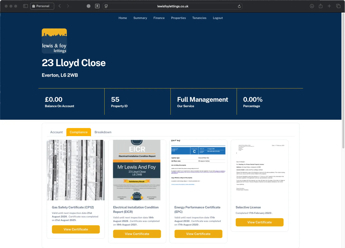 Landlord Portal - Property Compliance Certificates