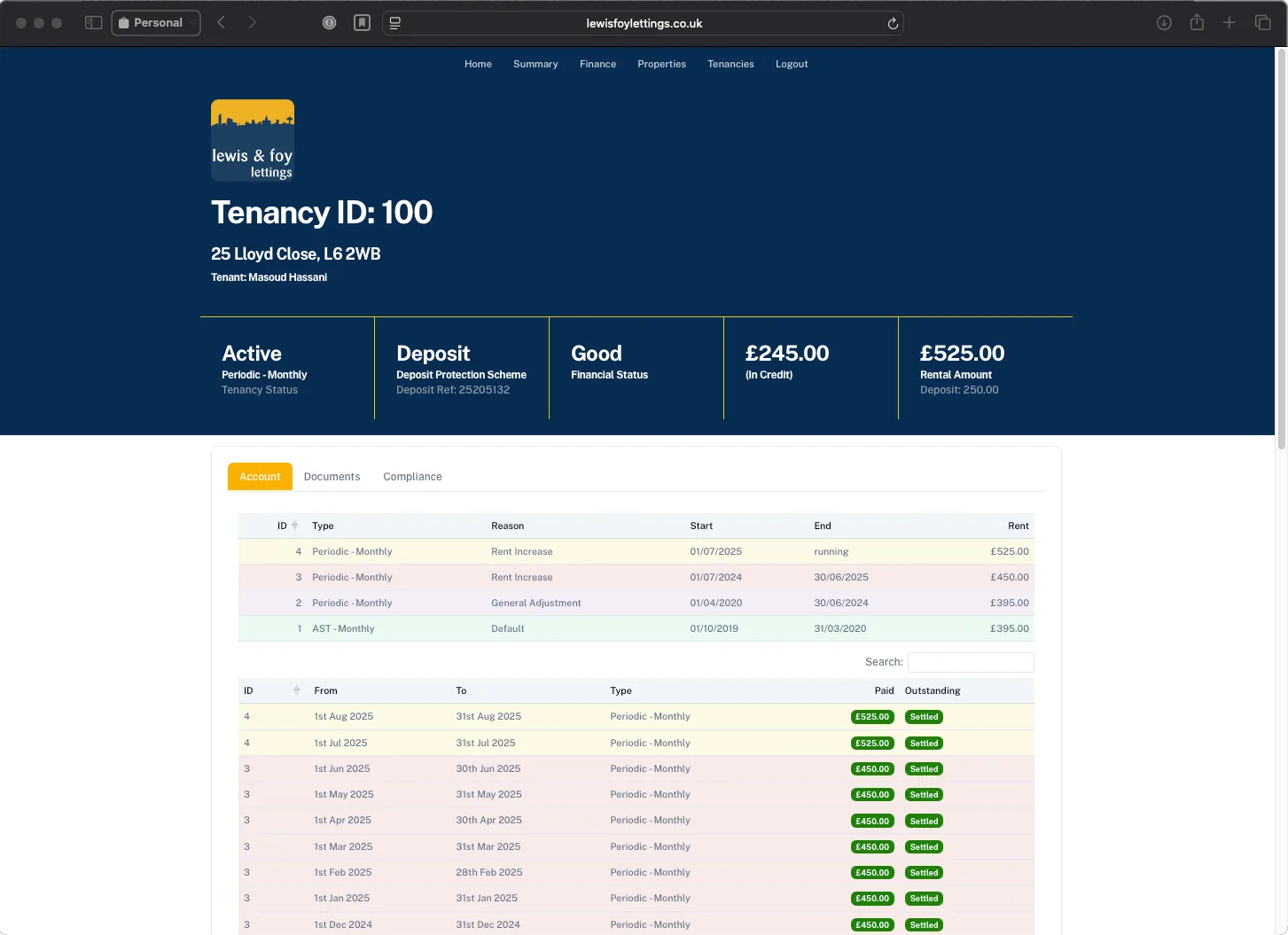 Landlord Portal - Tenancy Summary