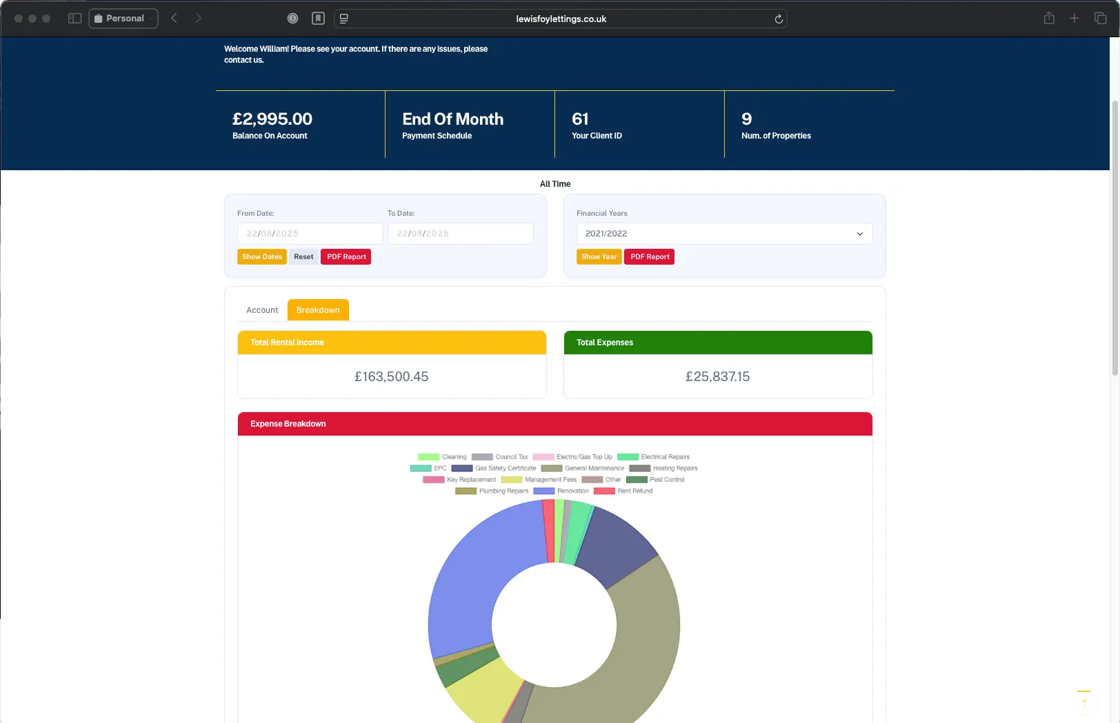 Landlord Portal - Finance Breakdown with Donut Chart